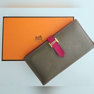 Authentic HERMES Bearn Soufflet Bifold Bicolor Grey Pink Wallet Clutch & Box